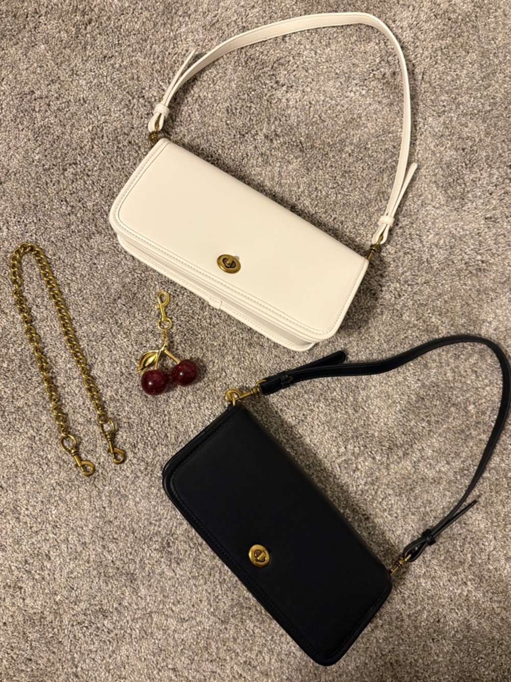 Set of 2 Leather Shoulder Bags in White & Black with Chain Strap + Cherry Charm